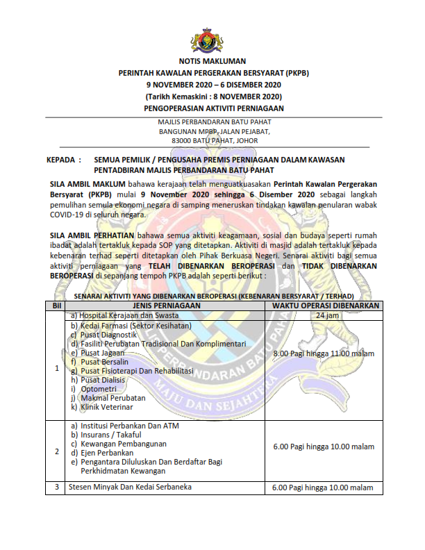 Notis Makluman Perintah Kawalan Pergerakan Bersyarat (PKPB) Official